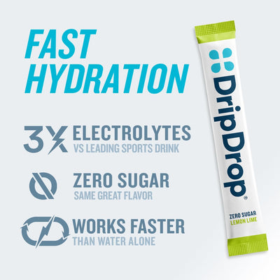 DripDrop single-serve stick closeup emphasizing portable electrolyte support