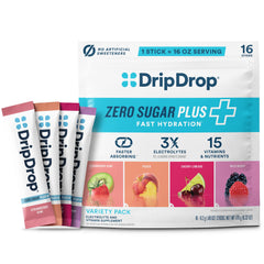 DripDrop pack frontal mostrando 16 sobres y variedad de sabores, portátil y conveniente