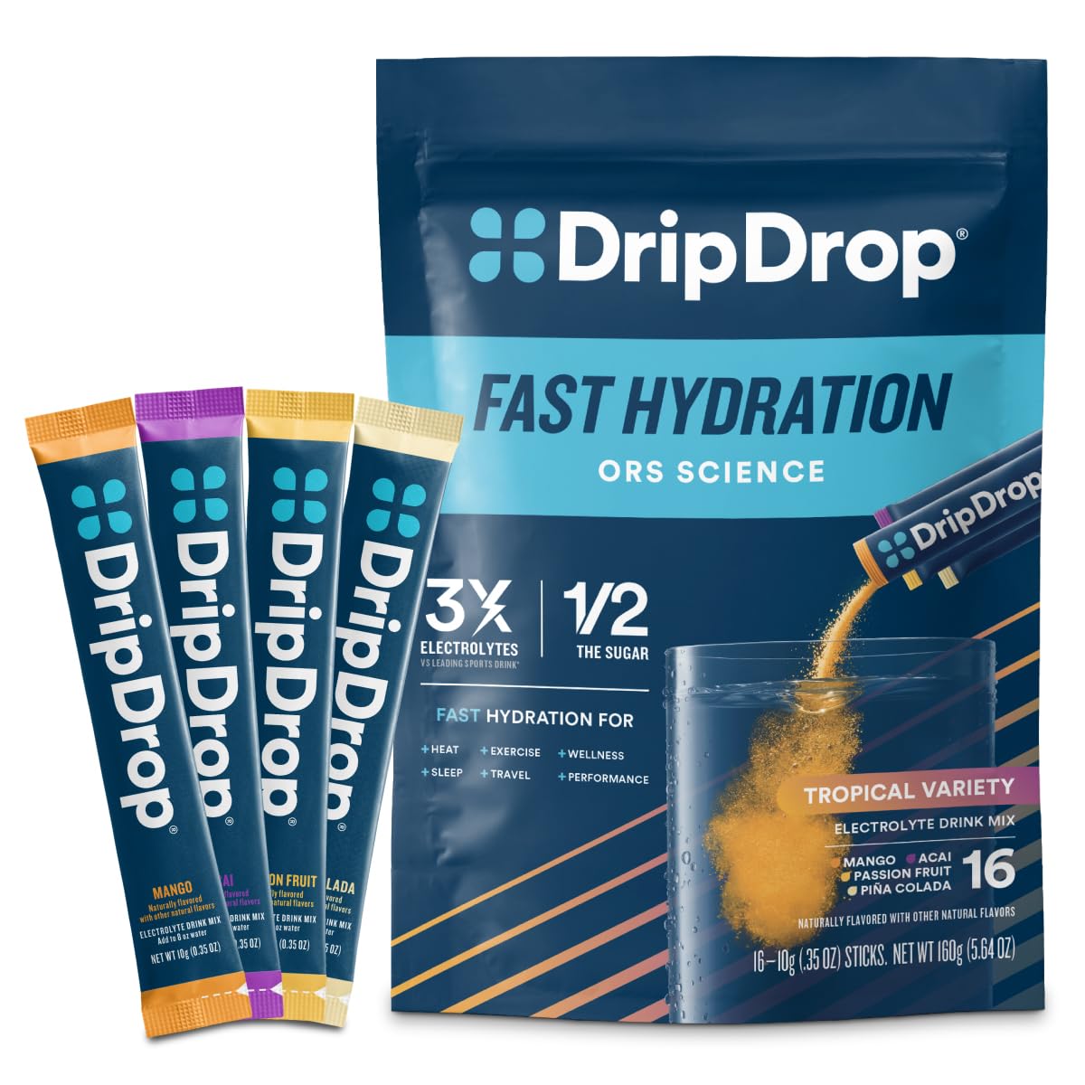 DripDrop empaque frontal tropical mostrando el pack y beneficio de hidratación rápida