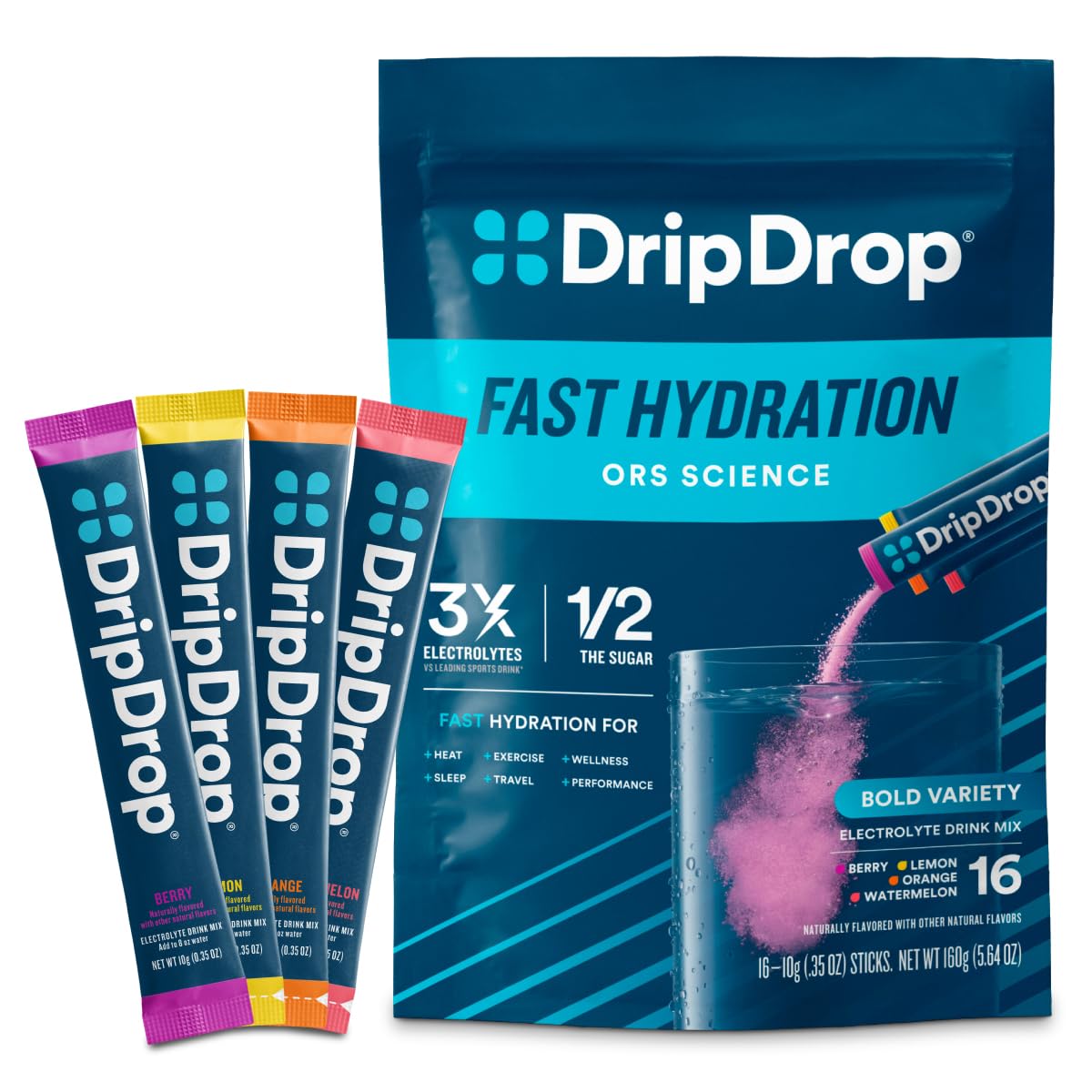 DripDrop paquete frontal mostrando variedad de sabores y conveniencia