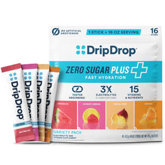 DripDrop paquete frontal mostrando sobres y beneficios de hidratación rápida