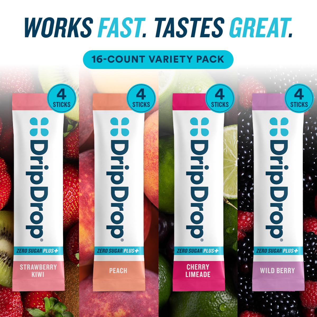 Sabor Peach DripDrop en sobre, apoyo de electrolitos y vitaminas