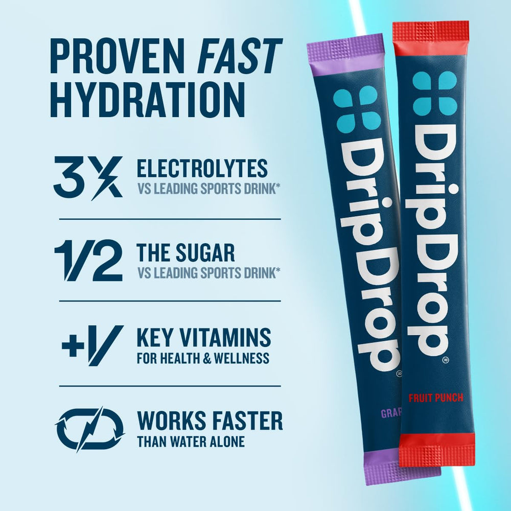 DripDrop single packet close-up highlighting portable stick and quick mixing convenience