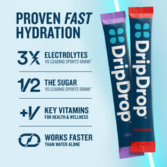 DripDrop single packet close-up highlighting portable stick and quick mixing convenience