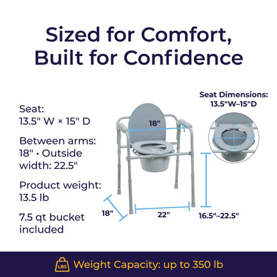 Drive Medical commode placed in bathroom to illustrate practical home use benefit