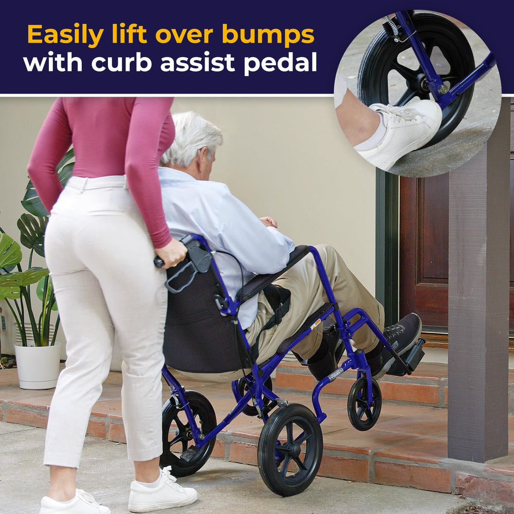 Drive Medical detailed view of rear wheel and curb-assist showing smoother obstacle handling