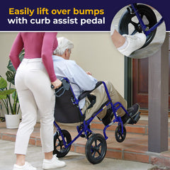 Drive Medical detailed view of rear wheel and curb-assist showing smoother obstacle handling