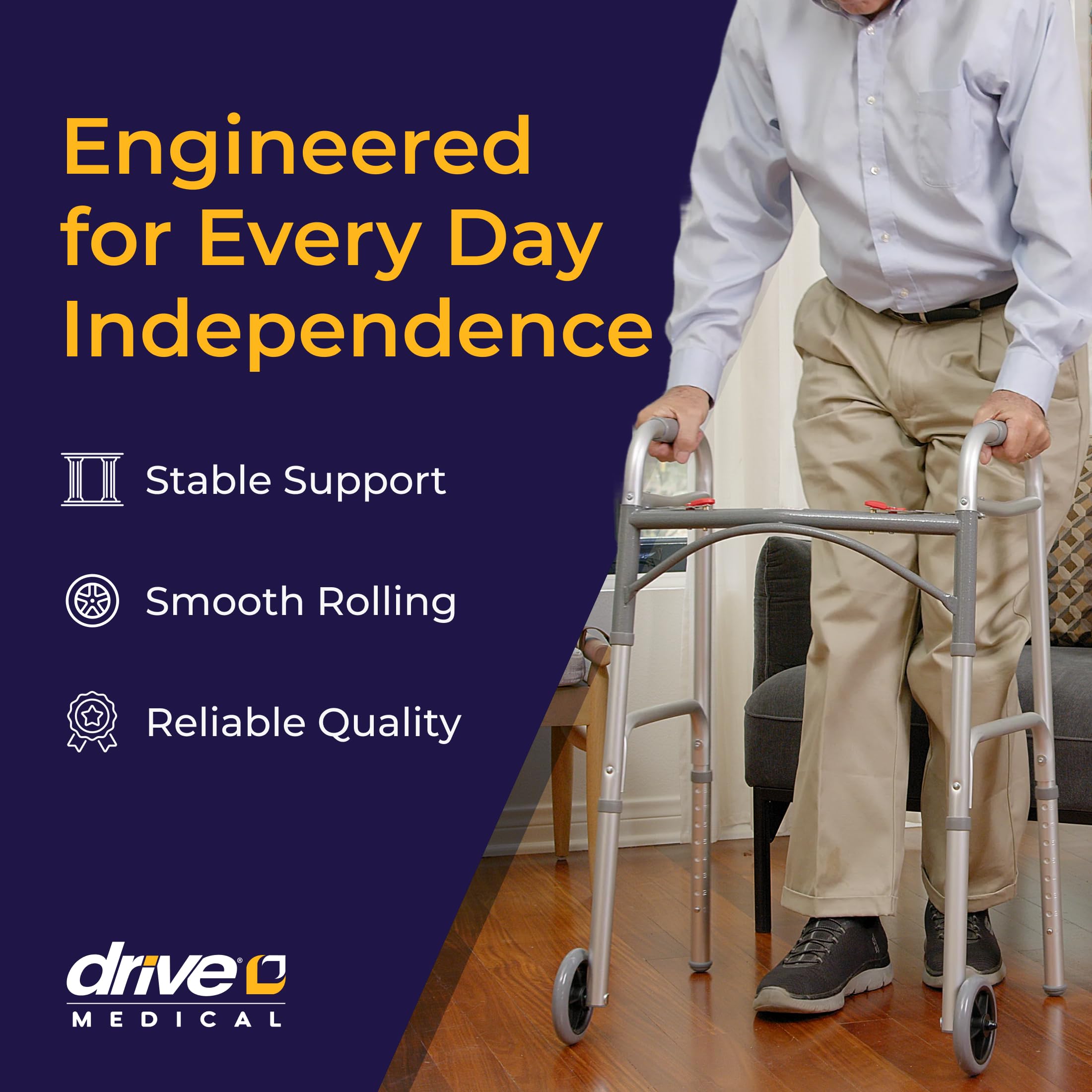 Drive Medical side profile folded walker demonstrating compact transport convenience