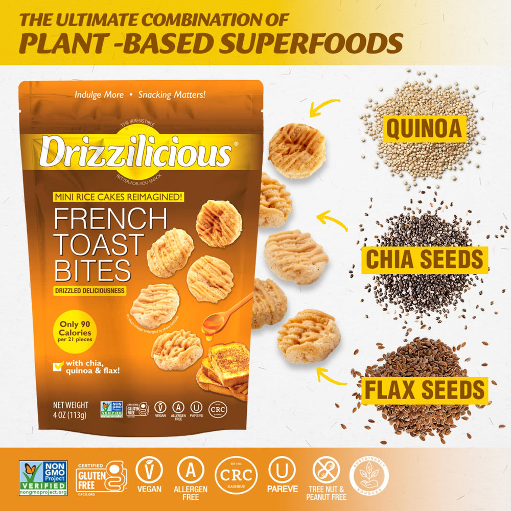 Drizzilicious bolsita abierta con mini rice cakes listos para comer fácilmente