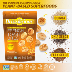 Drizzilicious bolsita abierta con mini rice cakes listos para comer fácilmente