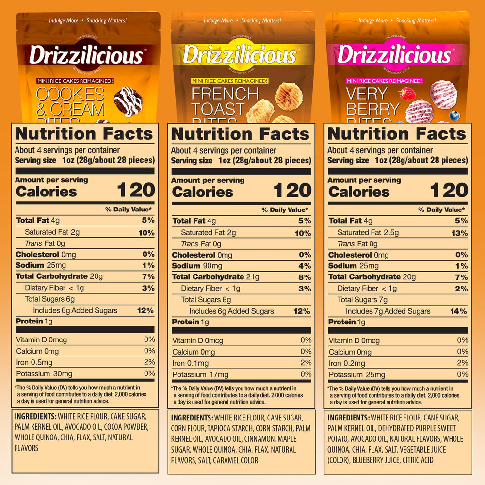 Drizzilicious etiqueta de ingredientes resaltando vegan y sin gluten
