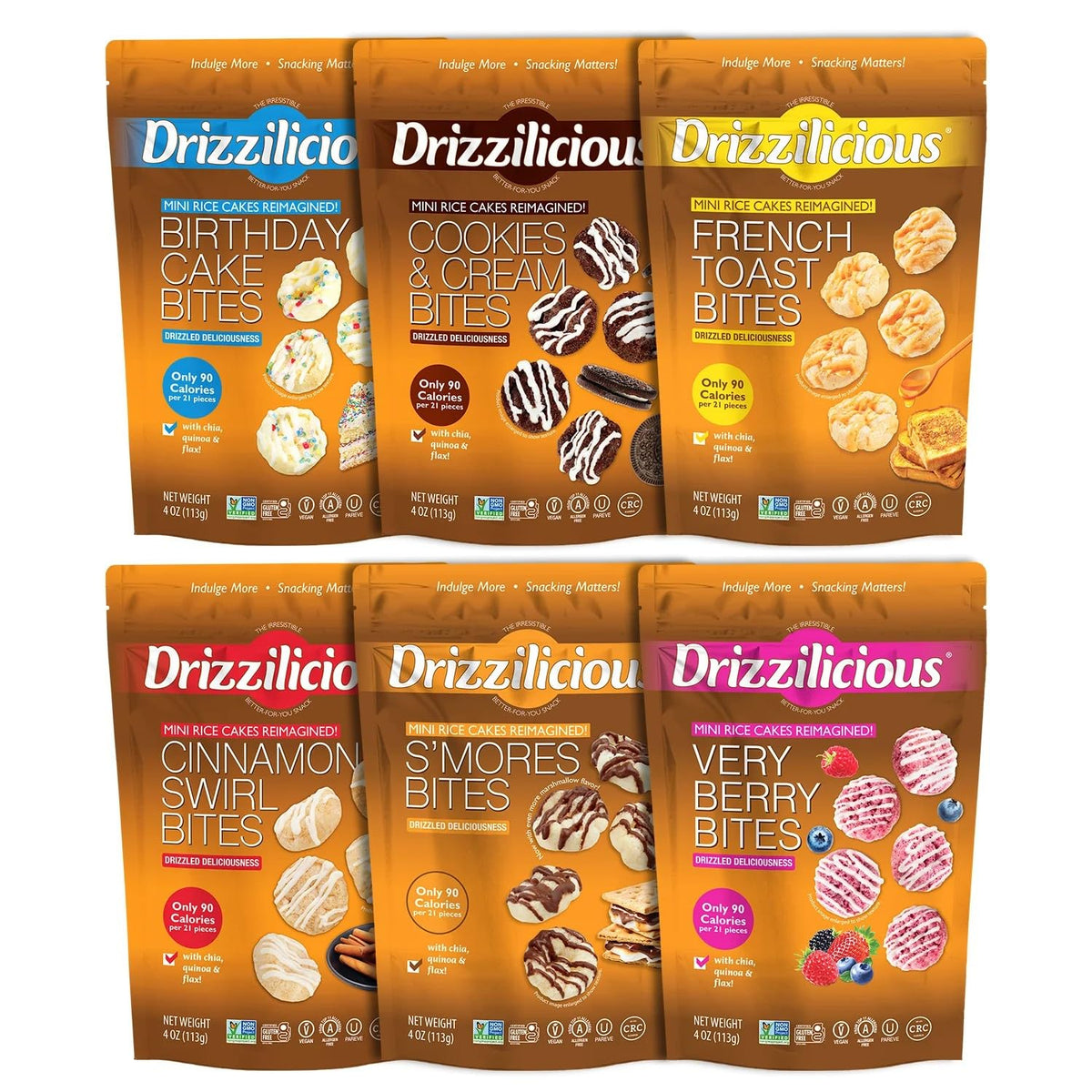 Drizzilicious empaque frontal mostrando seis sabores y beneficios bajos en calorías