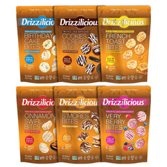 Drizzilicious empaque frontal mostrando seis sabores y beneficios bajos en calorías