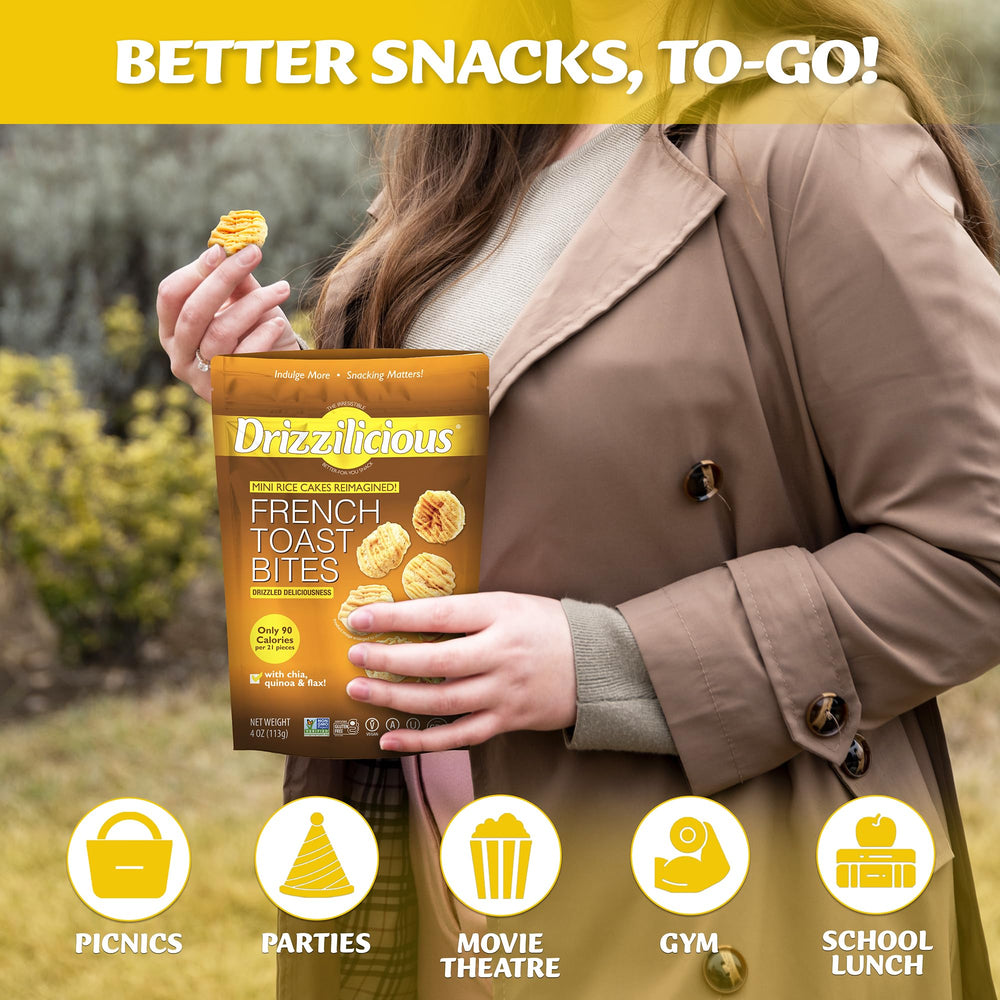 Drizzilicious snack en mesa junto a café ideal para merienda baja en calorías