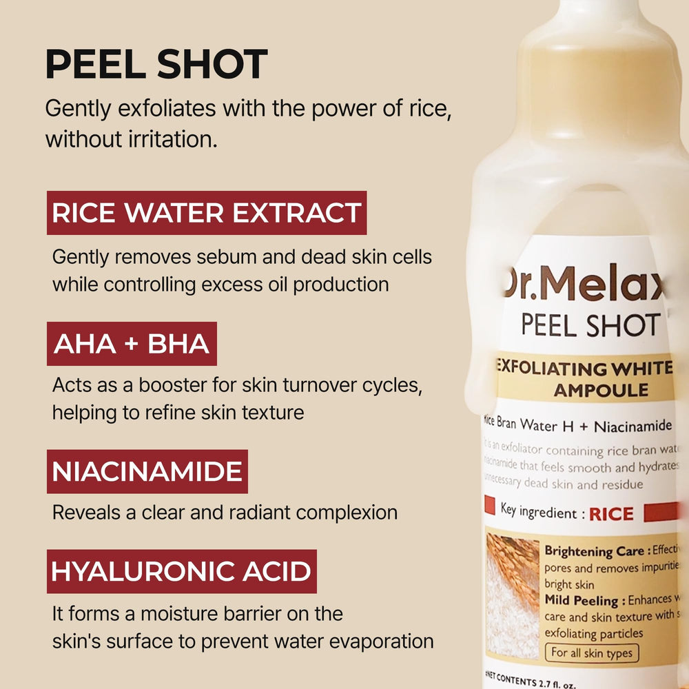 Dr.Melaxin ampolla junto a granos de arroz resaltando extracto natural