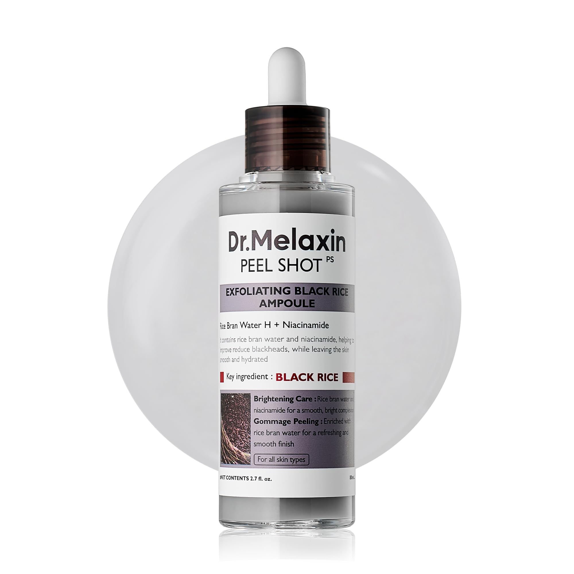 Dr.Melaxin botella frontal mostrando envase y beneficio exfoliante