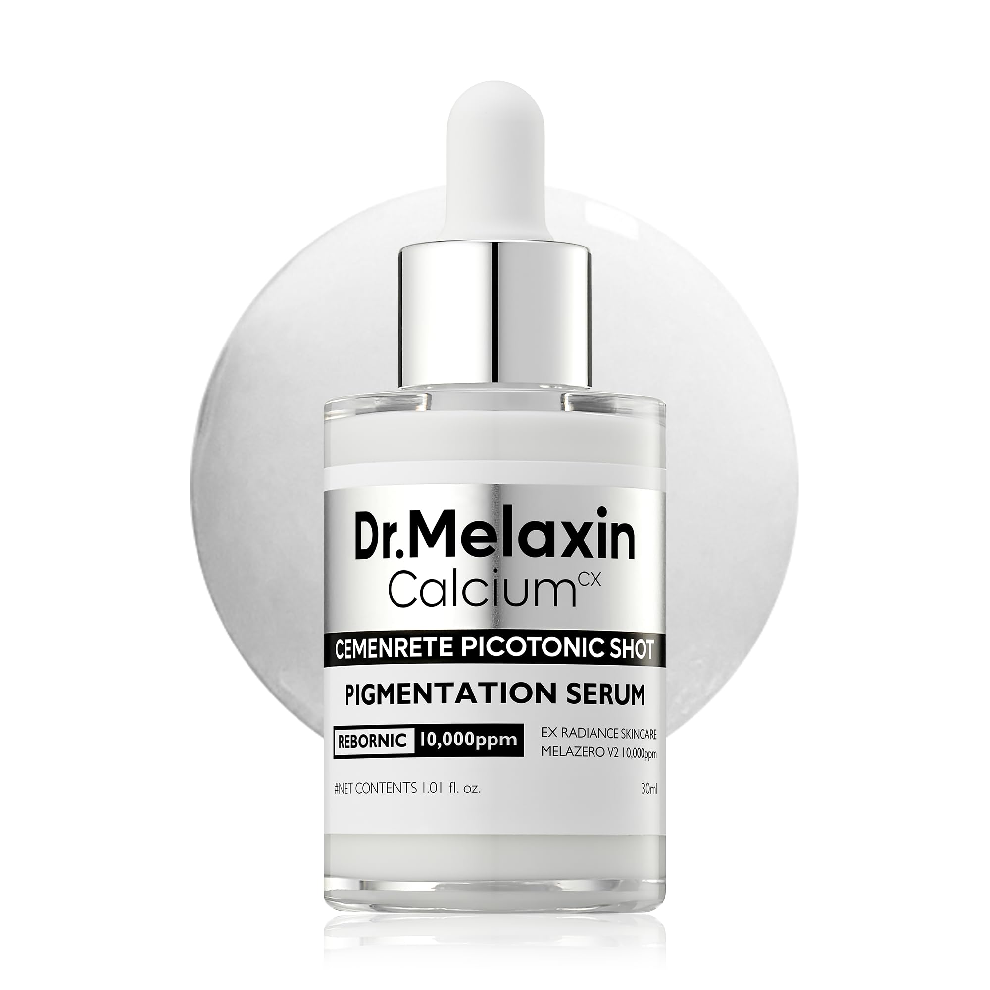 Dr.Melaxin botella frontal mostrando diseño y beneficio uniformizar tono