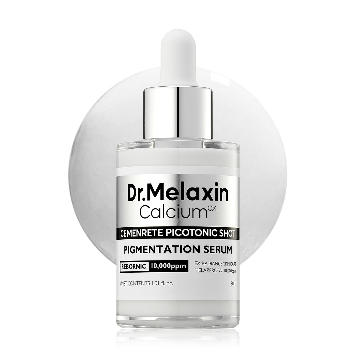 Dr.Melaxin botella frontal mostrando diseño y beneficio uniformizar tono