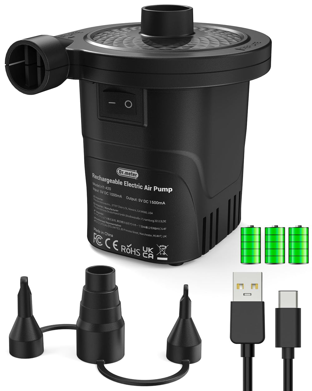 Dr.Meter vista frontal del inflador portátil con diseño compacto y fácil agarre