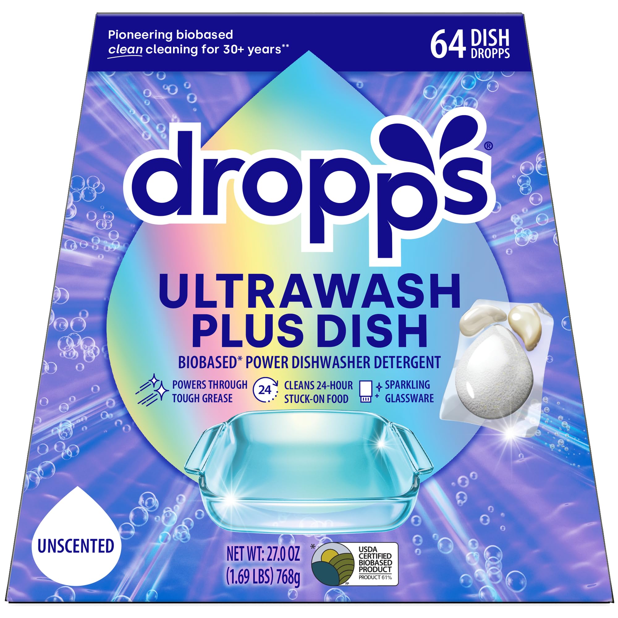 dropps paquete frontal mostrando cápsulas y beneficio limpieza potente
