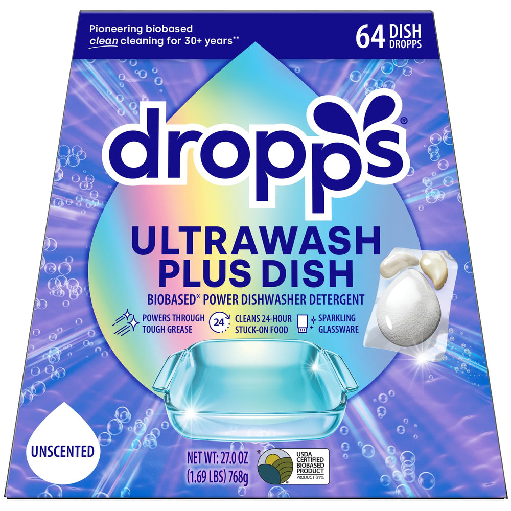dropps paquete frontal mostrando cápsulas y beneficio limpieza potente