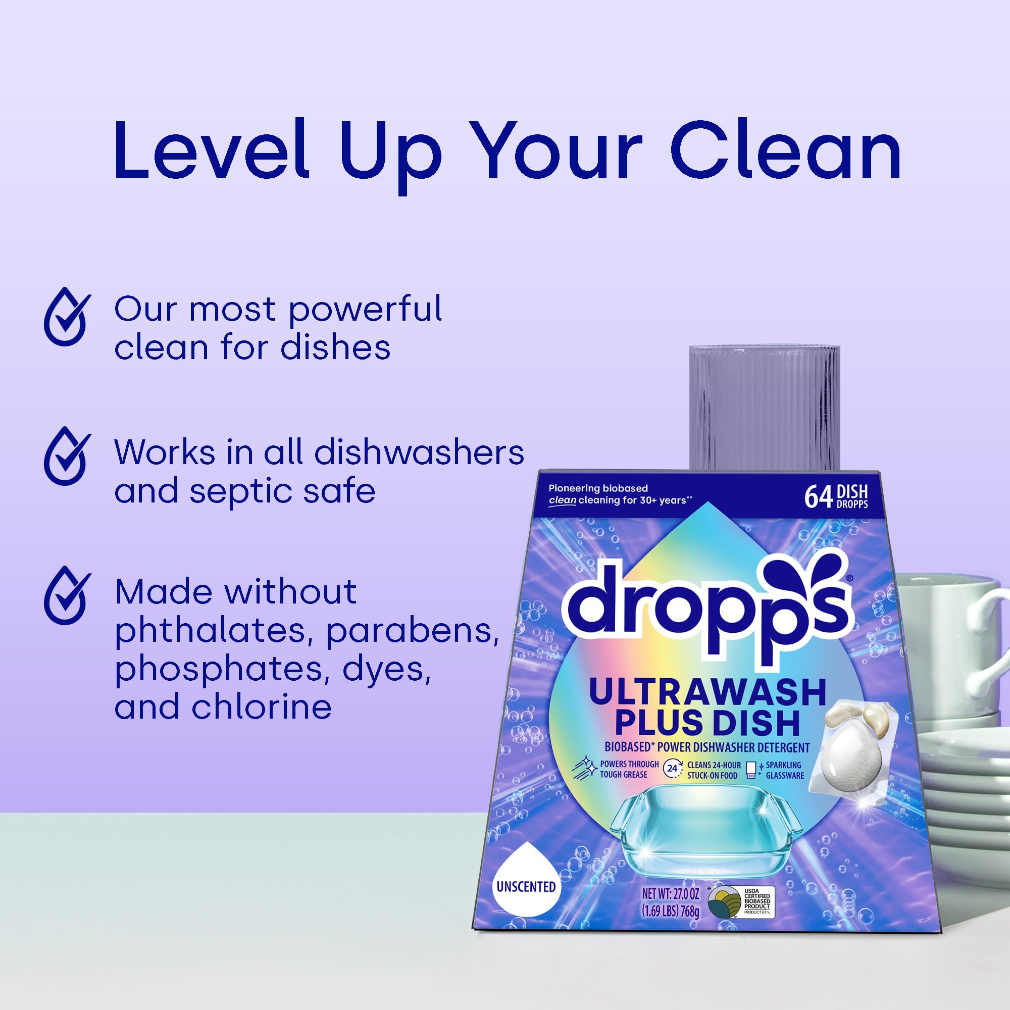 dropps etiqueta con ingredientes visibles y beneficio de fórmulas limpias