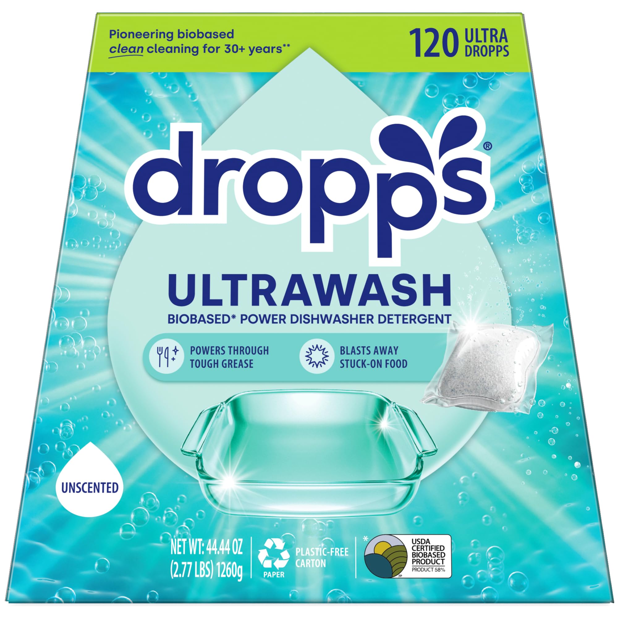 dropps envase frontal mostrando 120 cápsulas y diseño sin plástico