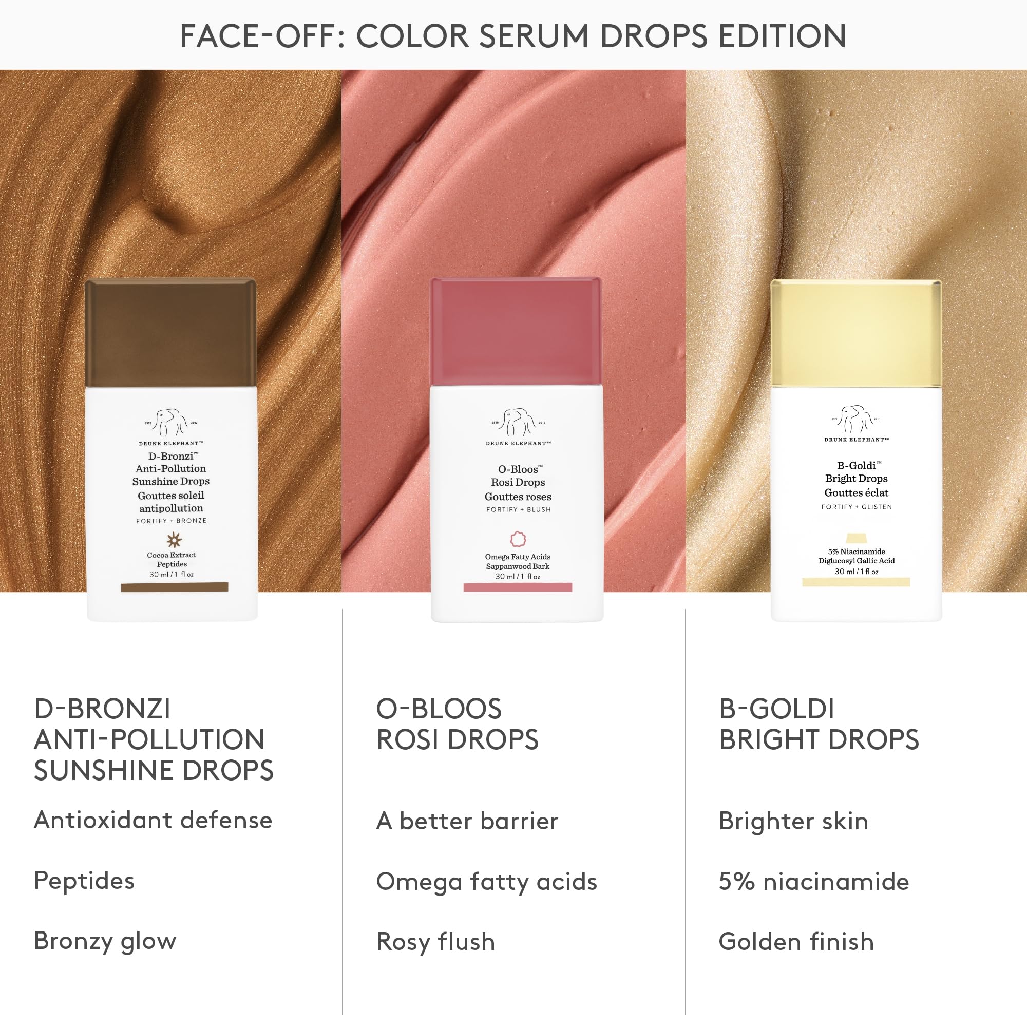 Drunk Elephant botellas con diferentes tonos para comparar intensidad