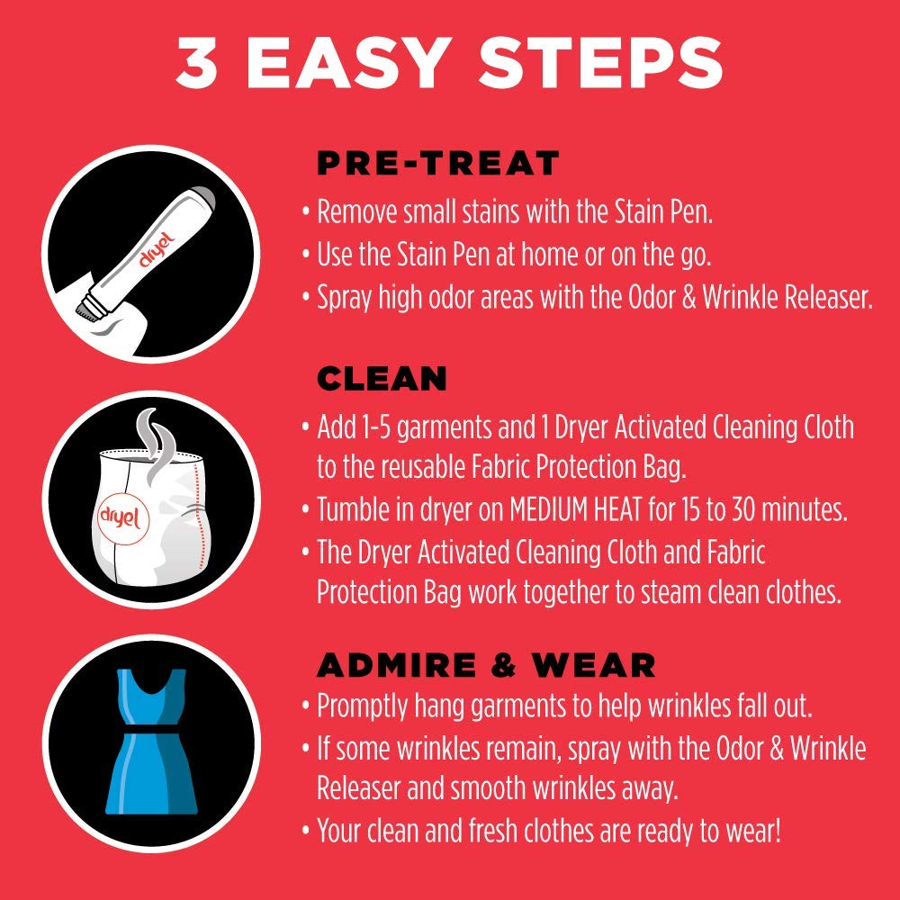 dryel kit contents laid out including sachets and pretreat spray for home use