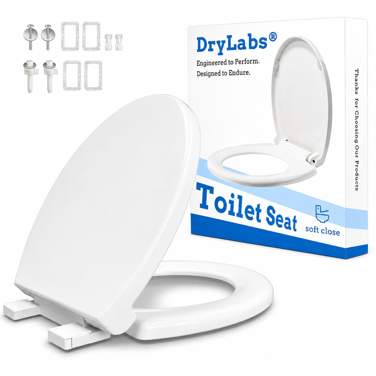 DryLabs asiento frontal blanco mostrando forma redonda y acabado fácil de limpiar