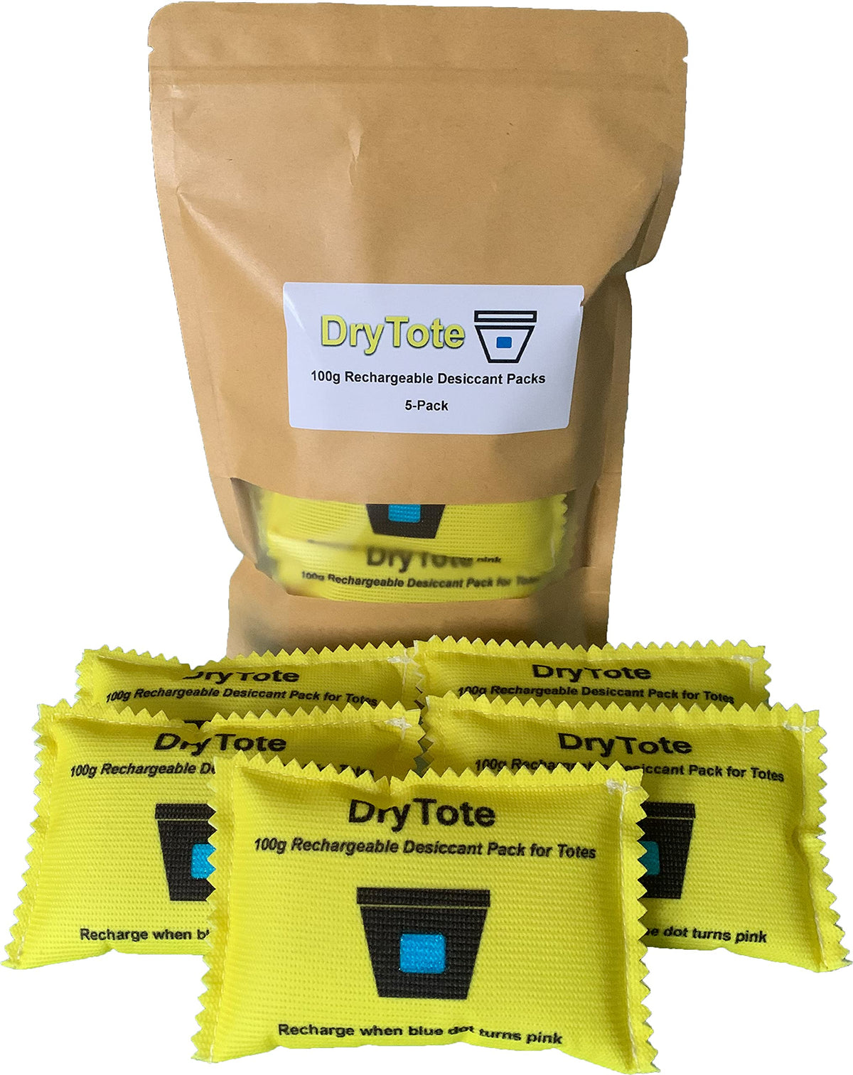 DryTote empaque frontal mostrando cinco paquetes y utilidad de protección