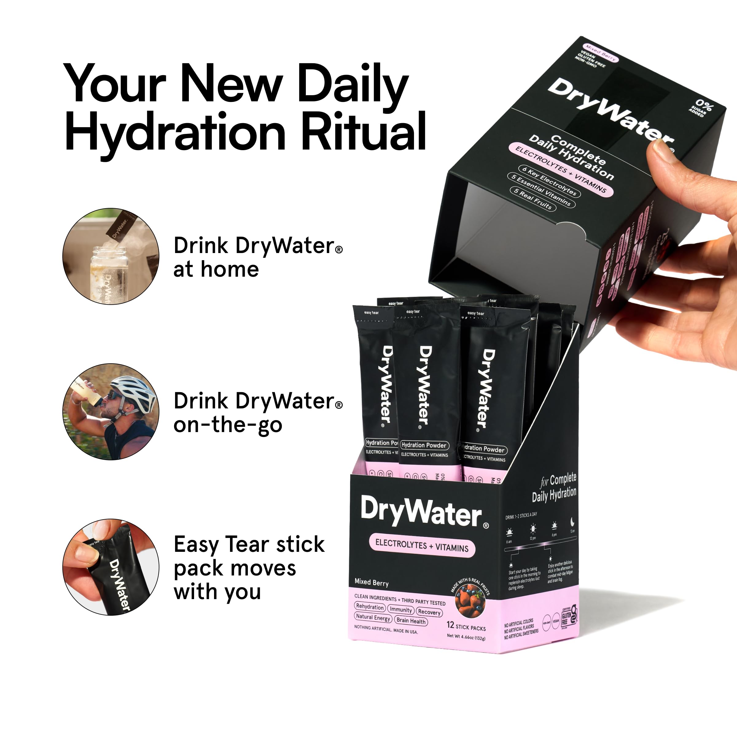 Mano sosteniendo stick DryWater para mostrar tamaño y portabilidad