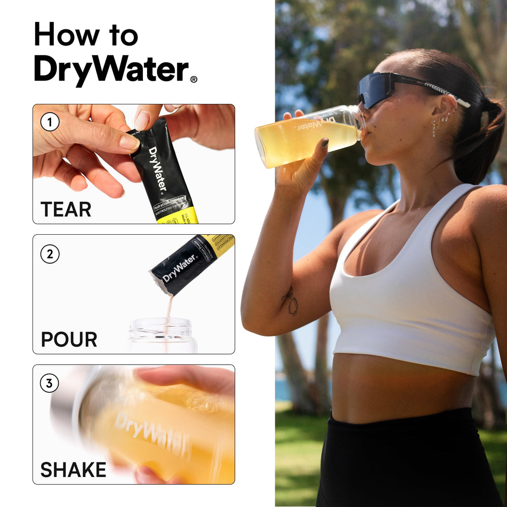 DryWater etiqueta nutricional y listado de electrolitos y vitaminas en el paquete