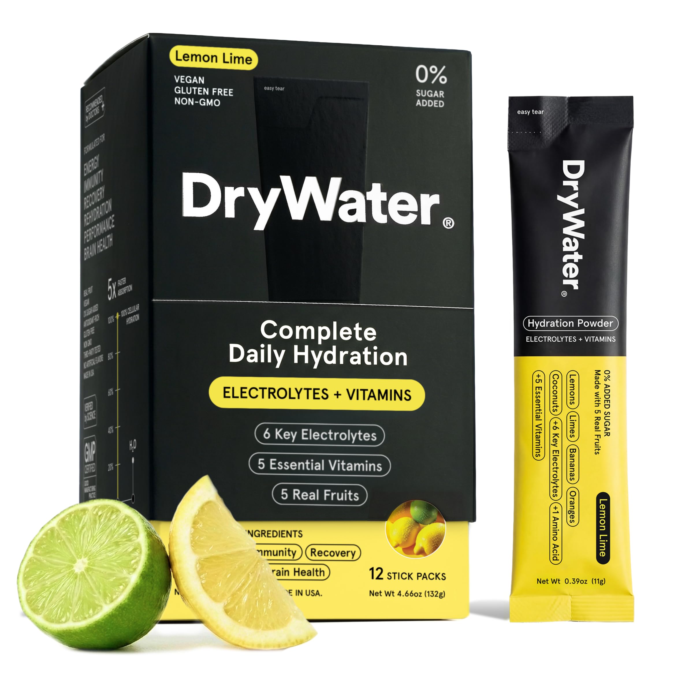 DryWater paquete frontal Lemon Lime mostrando 12 sobres y beneficios de hidratación