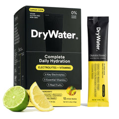 DryWater paquete frontal Lemon Lime mostrando 12 sobres y beneficios de hidratación