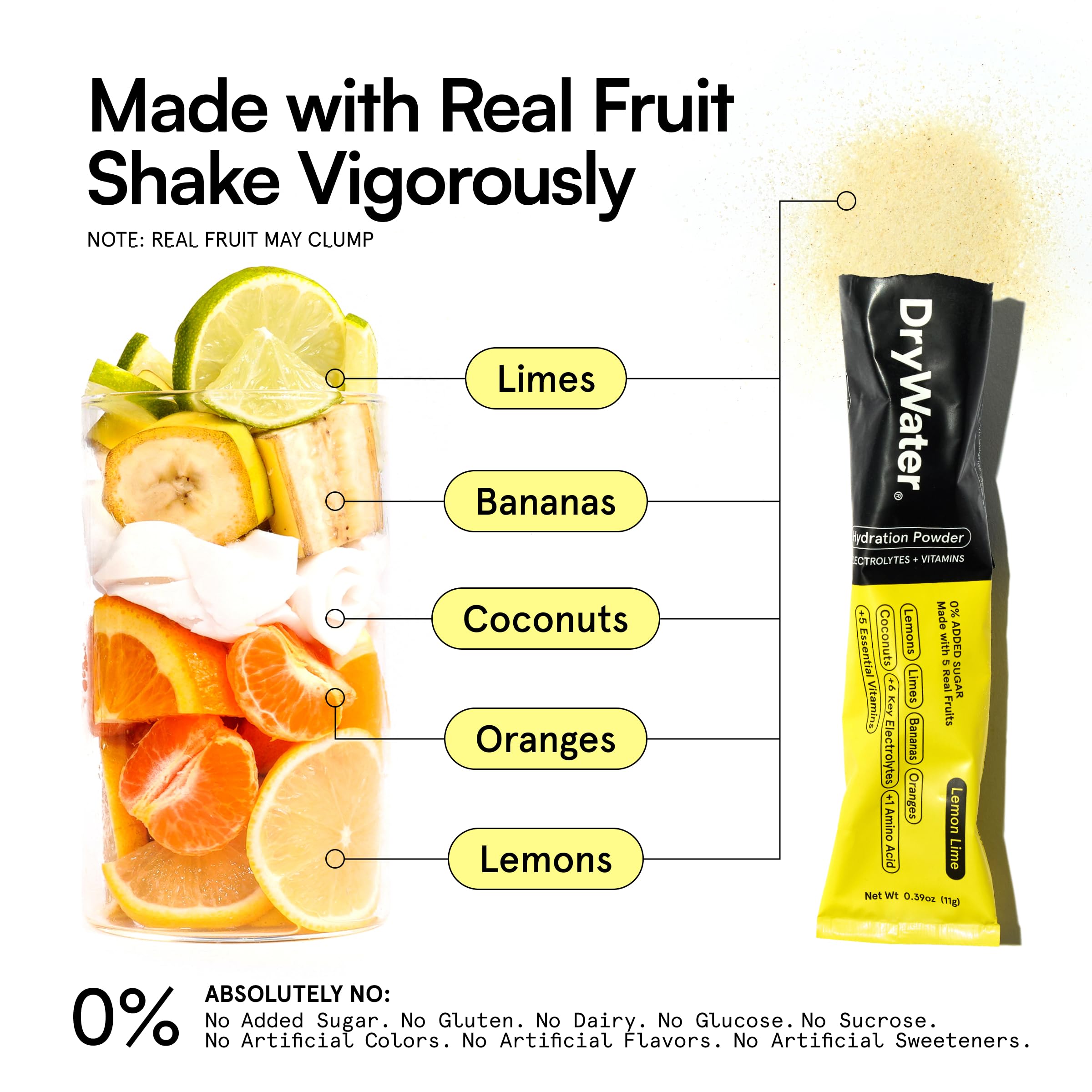 DryWater ingredientes: trozos de fruta deshidratada que aportan sabor y nutrientes