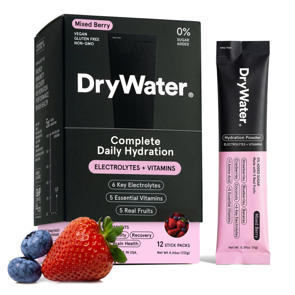 DryWater empaque frontal Mixed Berry mostrando sobres y beneficios prácticos