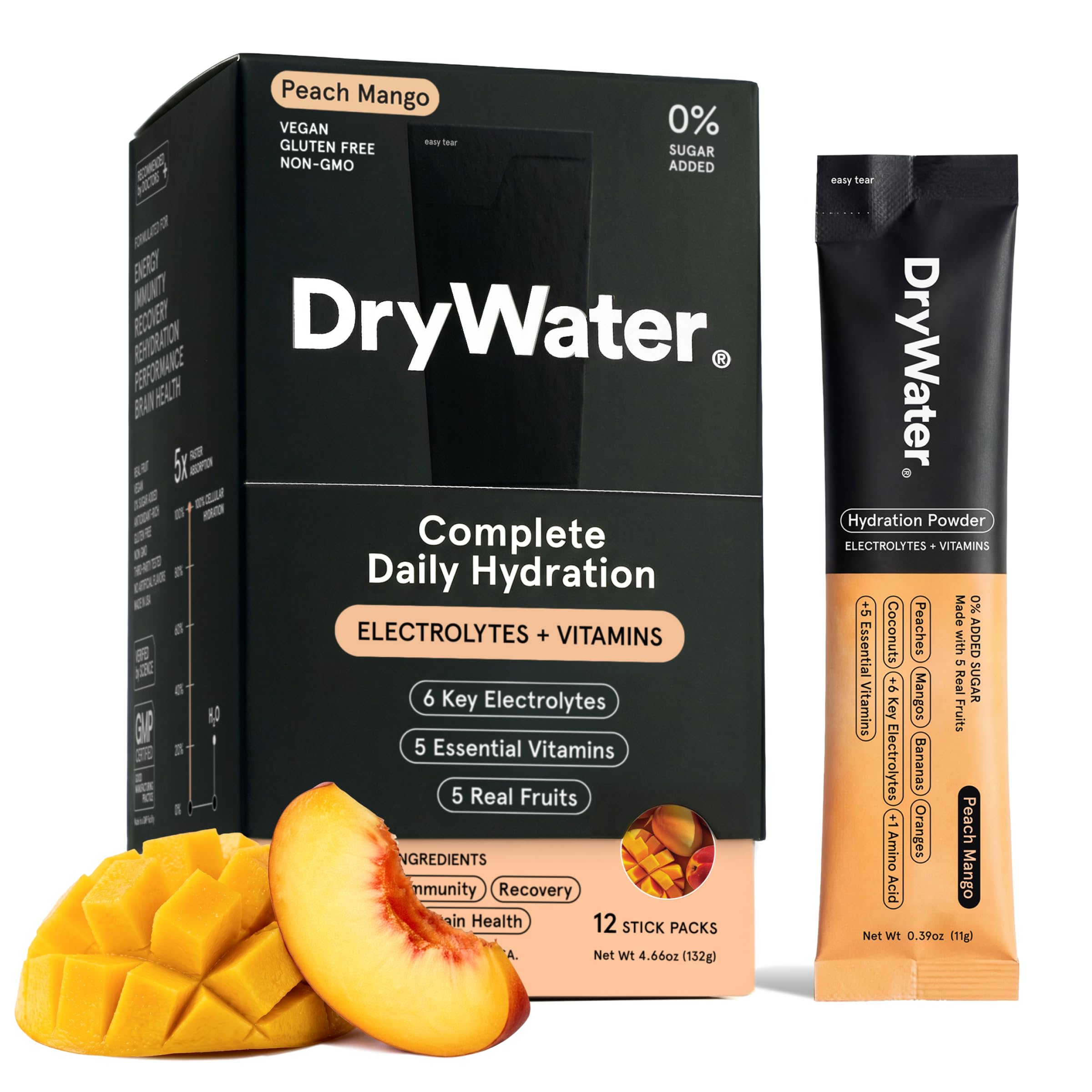 DryWater paquete delantero Peach Mango con diseño claro y beneficios visibles