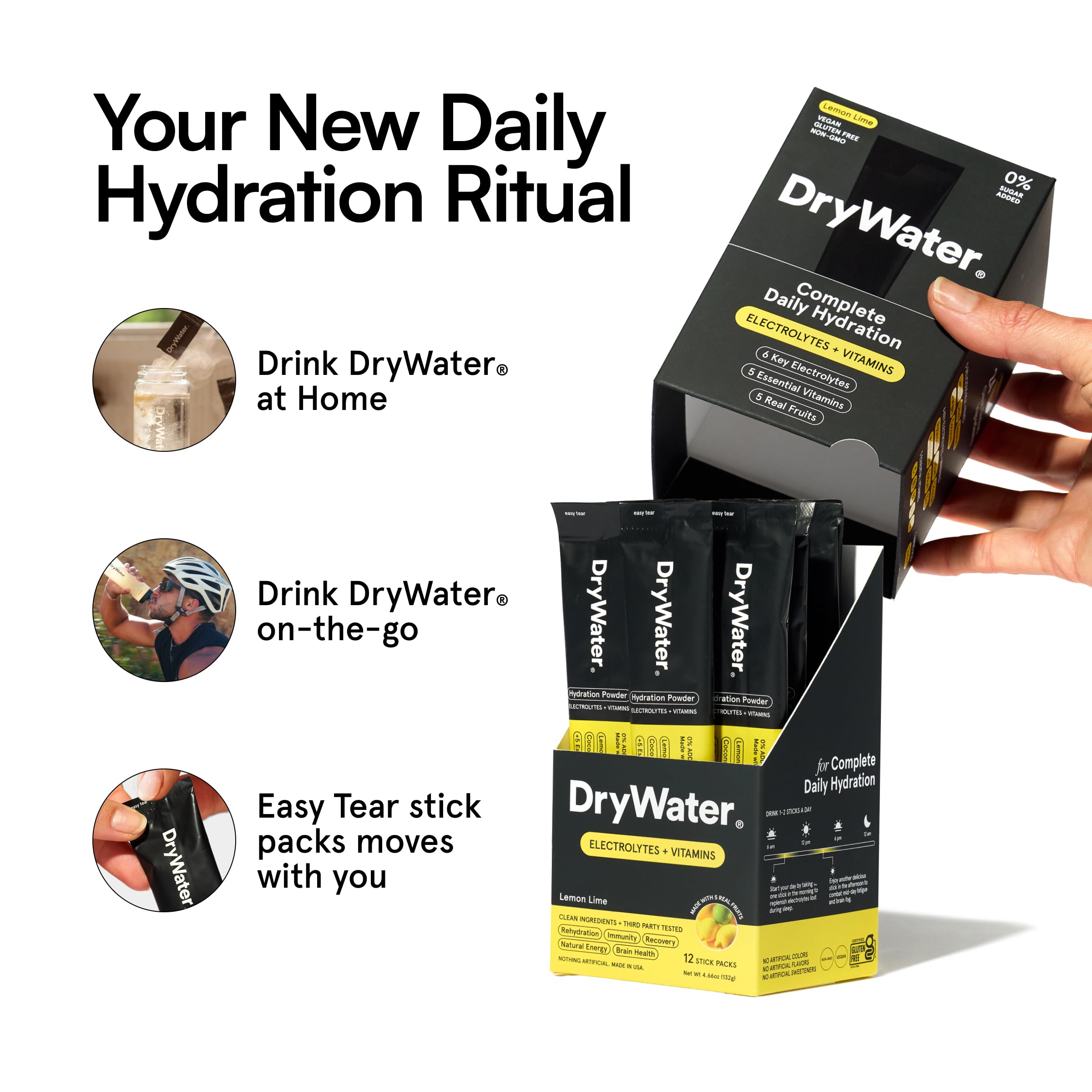DryWater bebida preparada en vaso frío con color limón-lima y aspecto refrescante
