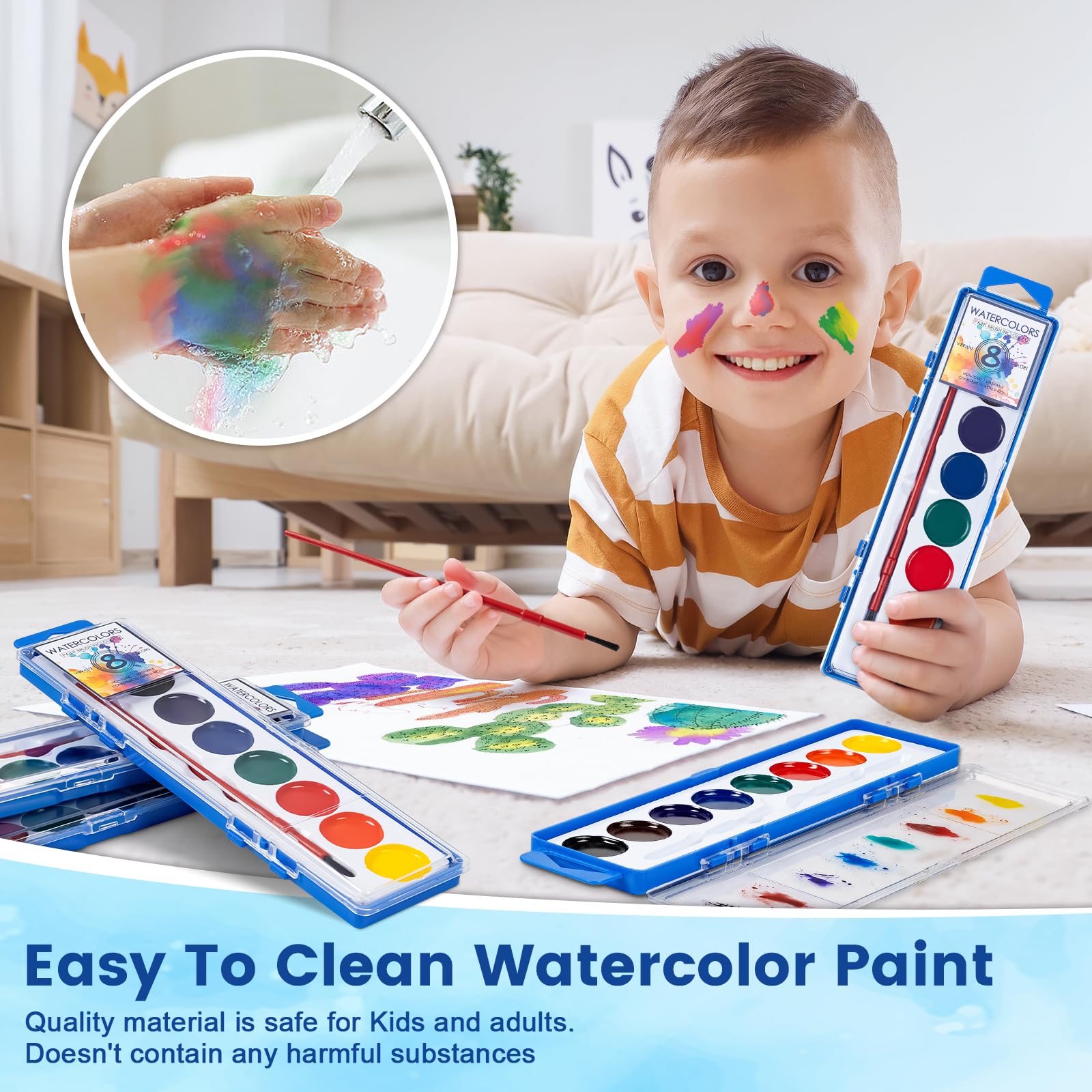 Duchong children painting at a table with kits, promoting shared classroom creativity and cleanup ease