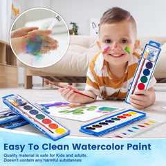 Duchong children painting at a table with kits, promoting shared classroom creativity and cleanup ease