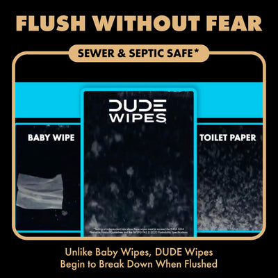 DUDE Wipes comparación de tamaño junto a un rollo de papel para cubrir más superficie