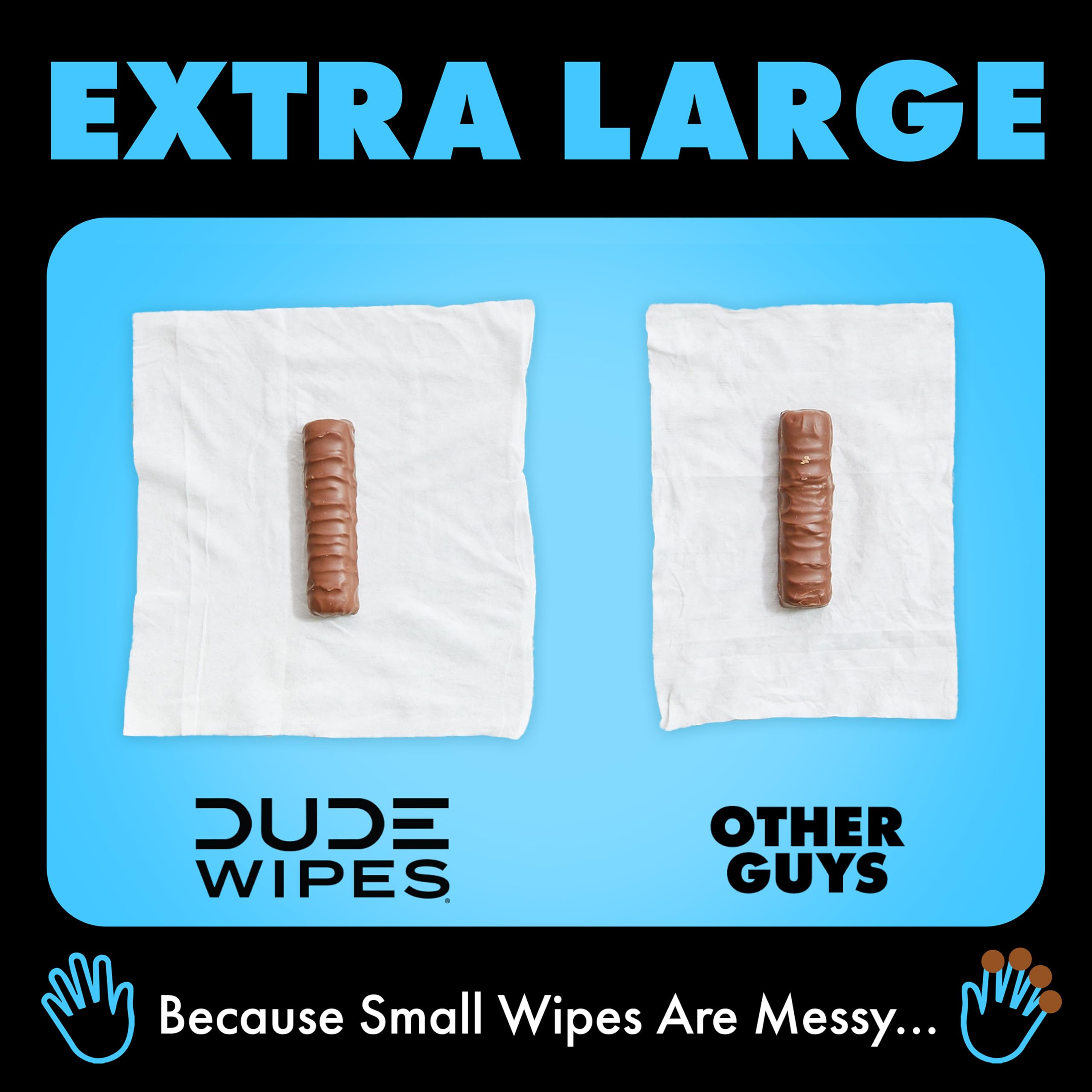 DUDE Wipes comparación de tamaño con mano mostrando cobertura completa en una pasada