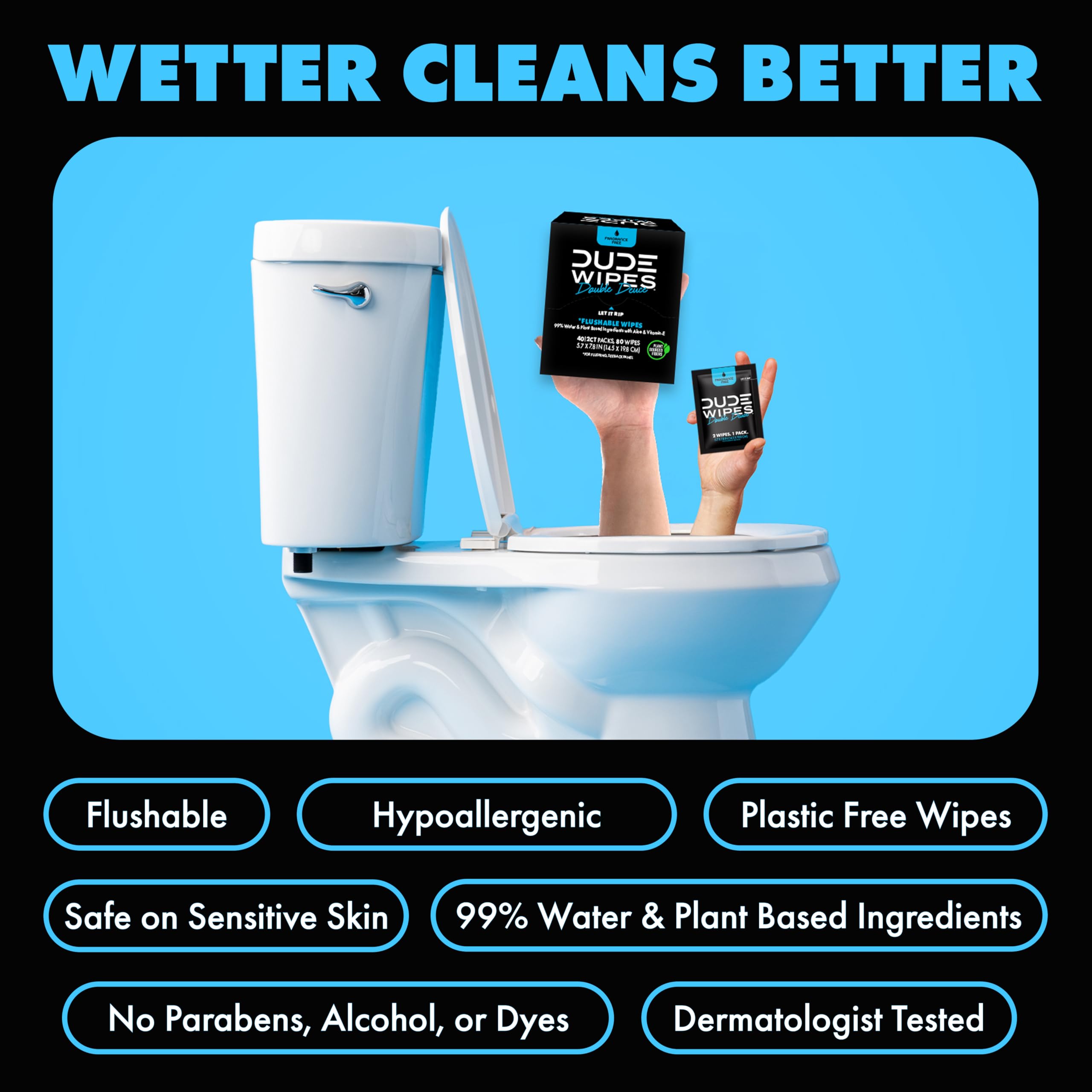 DUDE Wipes doble pack individualizado enfatizando dos toallitas por paquete