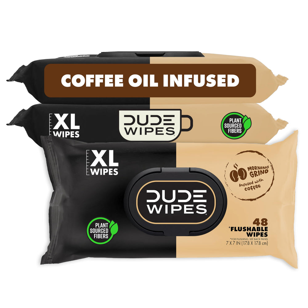 DUDE Wipes paquete Morning Grind al frente mostrando 144 unidades y aroma a café