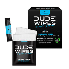 DUDE Wipes paquete frontal mostrando diseño portable y conveniencia