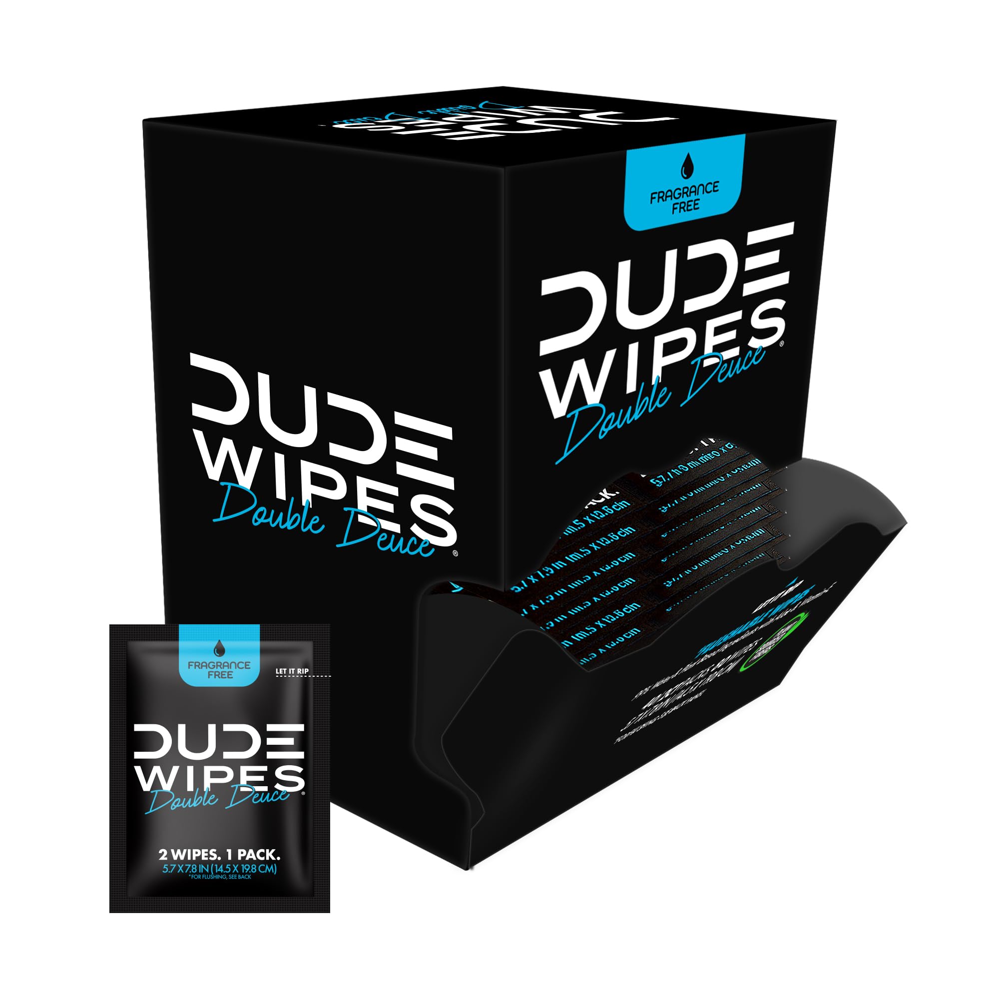 DUDE Wipes paquete abierto mostrando toallita lista para usar y transporte fácil