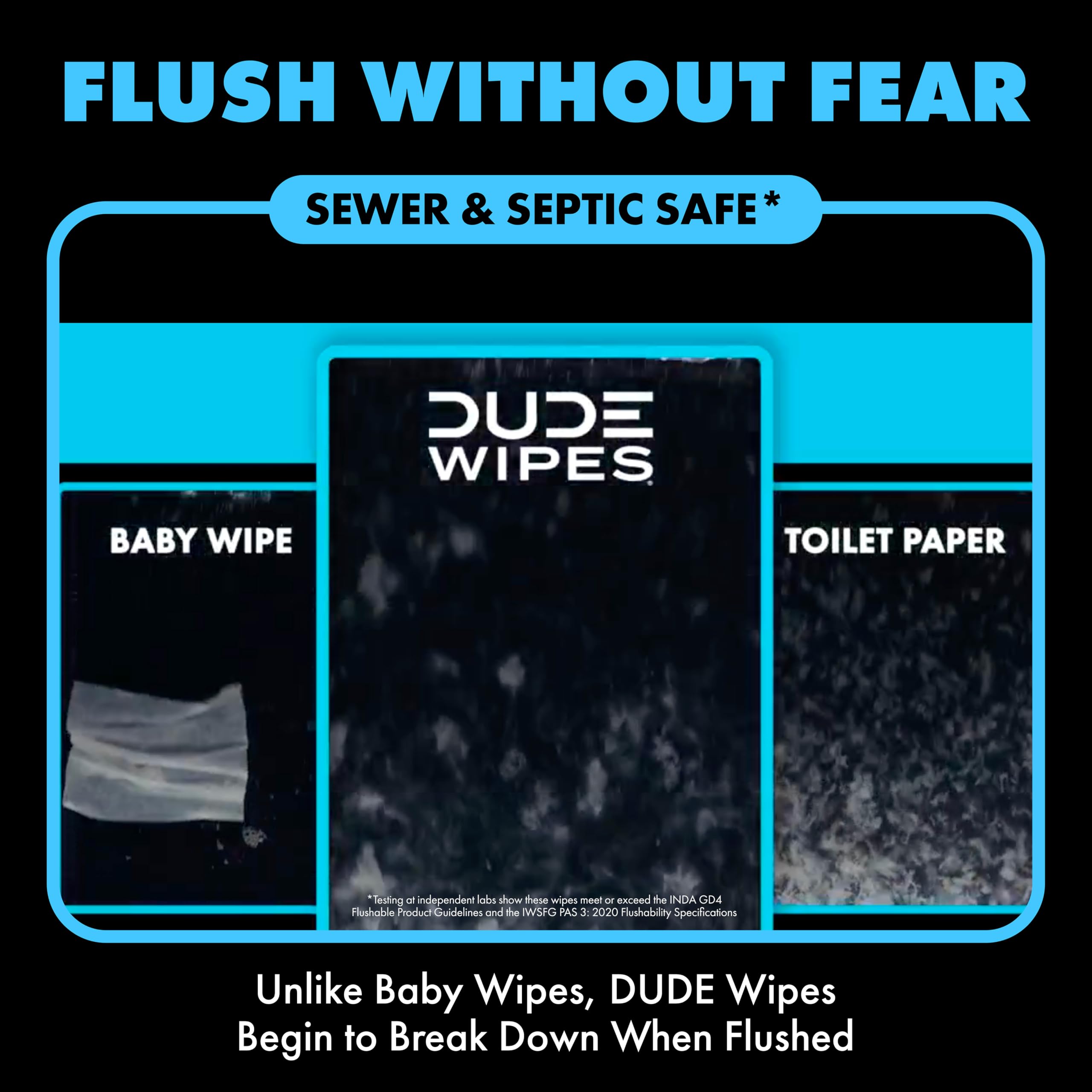 DUDE Wipes persona usando toallita en el baño para limpieza eficaz