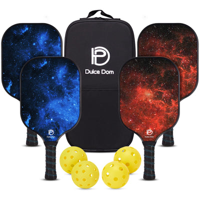DULCE DOM front view of four paddles and included balls shows complete set benefit