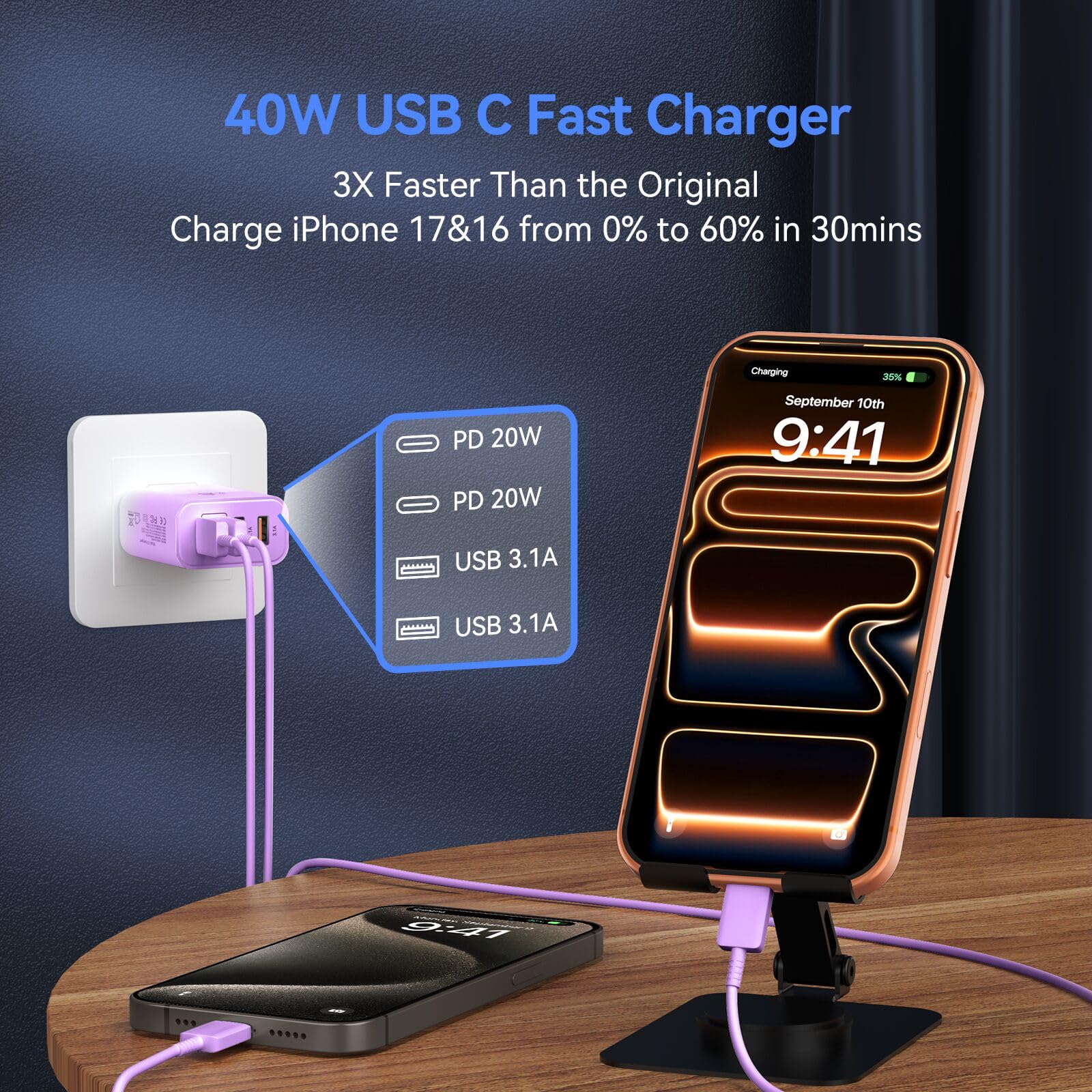 Duloch primer plano del puerto USB-C con indicio de carga rápida PD